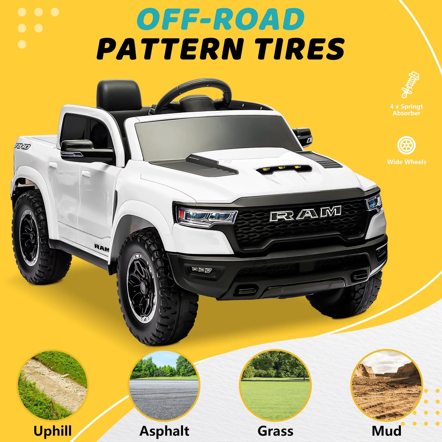 RAM 1500 Ride on Car Toy for Kids, 12V Powered Ride on Truck Toy with Remote Control, 4 Wheel Suspension, Safety Belt, Music, Bluetooth, LED Lights, Electric Cars for 3-5 Yrs Boy Girl, White