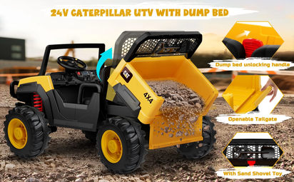 24V Powered Ride on Dump Truck, Caterpillar Licensed 24V Ride Ons, 2 Seater 24 Volt Ride on Toy for Big Kid with 400W Powerful Wheels, Ride on UTV Car with Dump Bed, Remote, Aged 3-8Y, Yellow