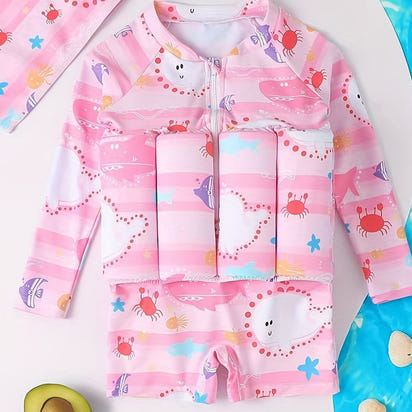 SplashSafe Kids' Buoyancy Swimsuit: Cartoon Print One-Piece Swimwear with Floating Rash Guards - The Little Big Store