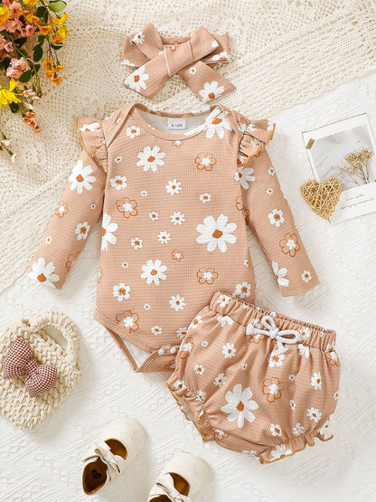 Children's Ruffled Floral Bodysuit and Bloomer, Headband Set - The Little Big Store