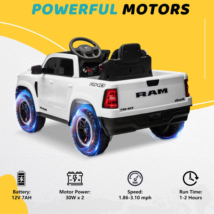 RAM 1500 Ride on Car Toy for Kids, 12V Powered Ride on Truck Toy with Remote Control, 4 Wheel Suspension, Safety Belt, Music, Bluetooth, LED Lights, Electric Cars for 3-5 Yrs Boy Girl, White
