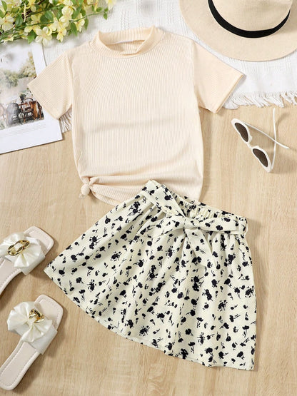 Children's Ribbed T-Shirt and Contrast Floral Skirt Set - The Little Big Store