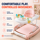Baby walker comfort, activity tray and controlled movement features