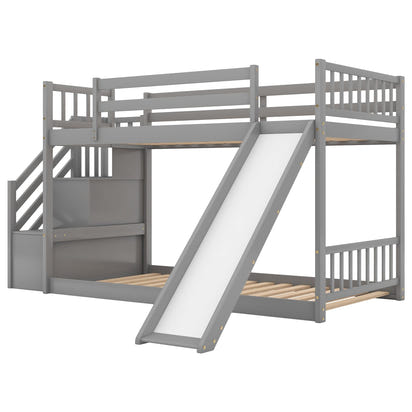 Twin over Twin Bunk Bed with Convertible Slide and Stairway, Gray - The Little Big Store