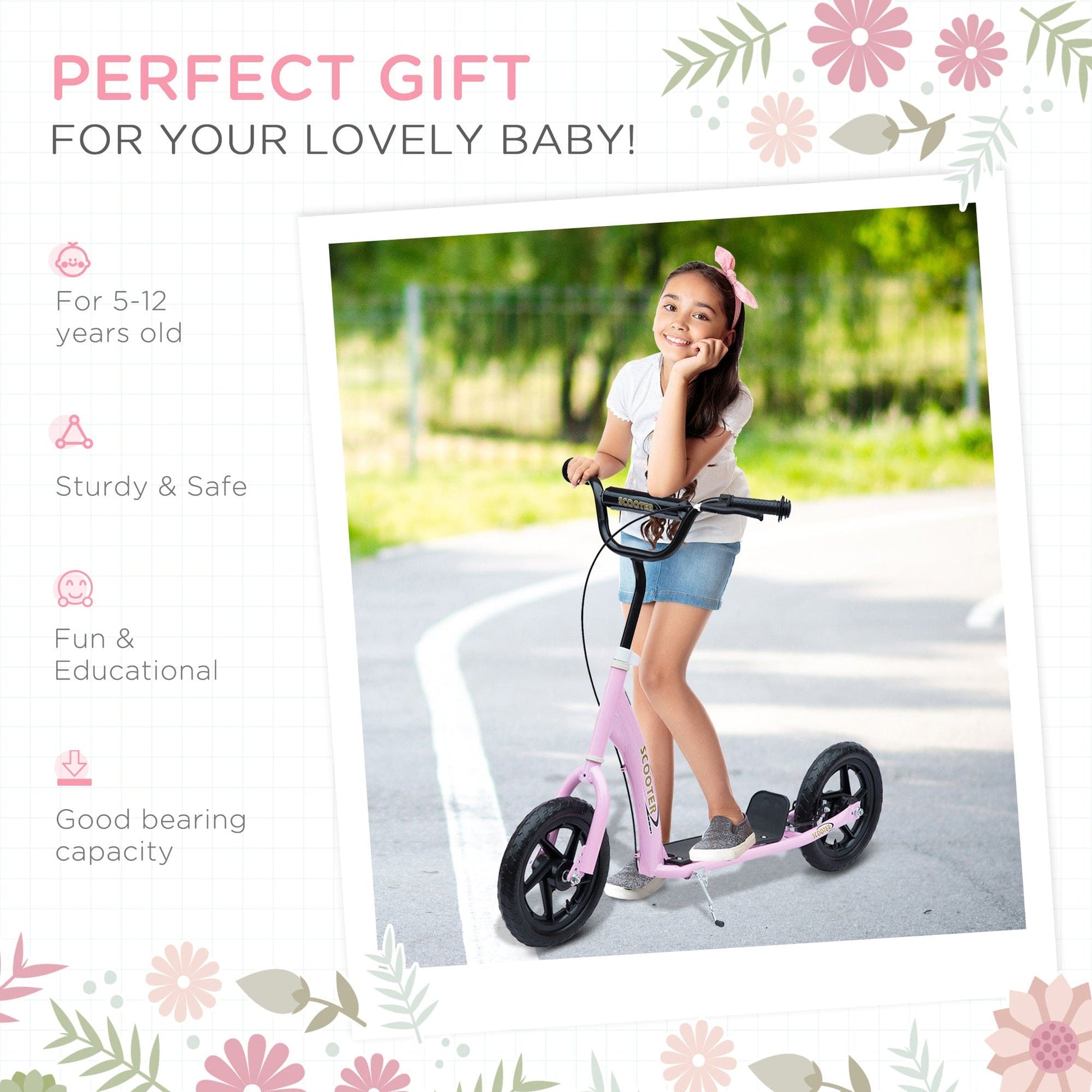 HOMCOM Kick Scooter for Kids 5-12 Years Old, Big Wheel Kids Scooter with Adjustable Height Handlebar, Non-slip Footplate, Rear Brake, Pink - The Little Big Store