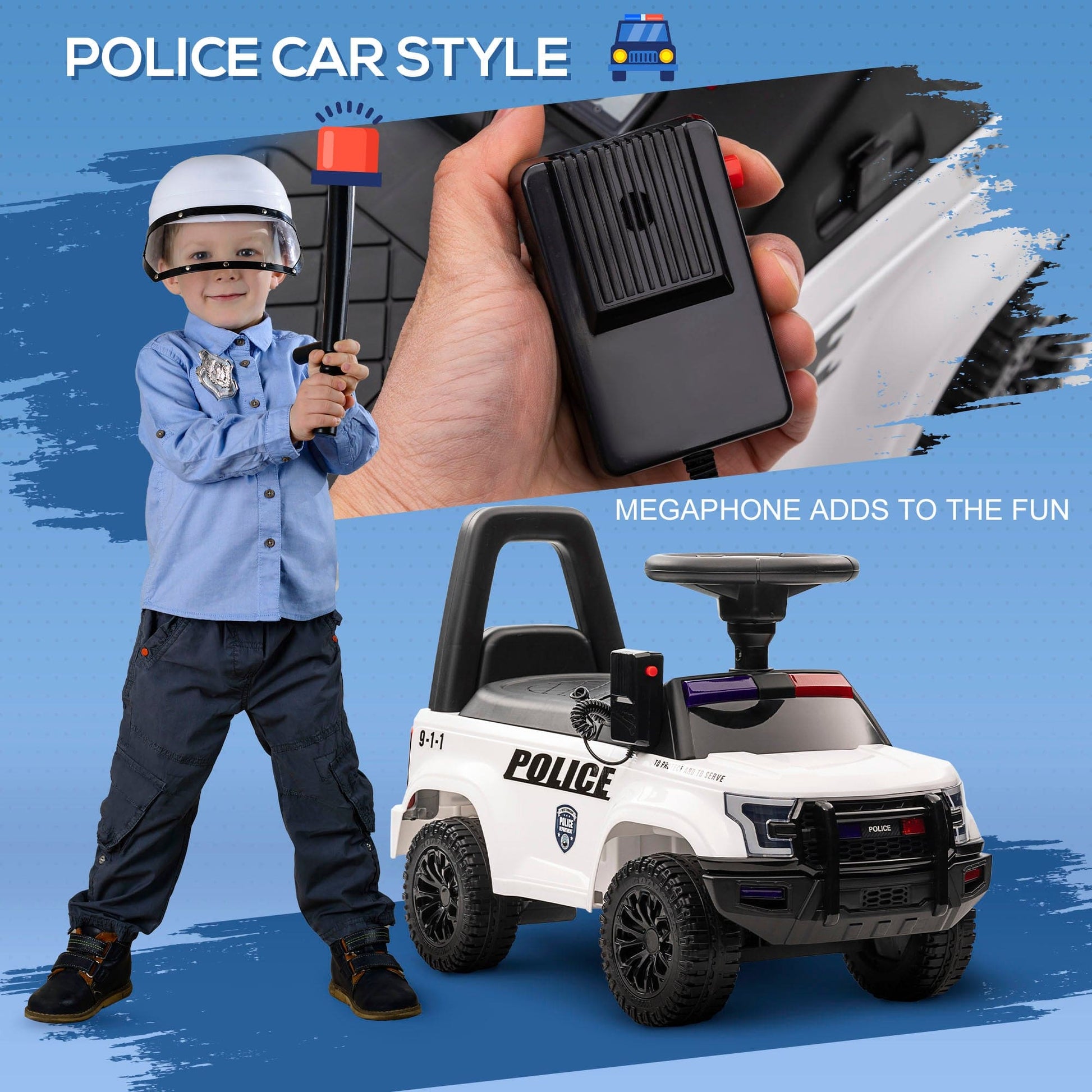 Kids Push Ride On Car with Working PA System and Horn, Police Truck Style Foot-to-Floor Sliding Car for Boys and Girls with Under-Seat Storage, for 18 Months to 5 Years Old, White - The Little Big Store