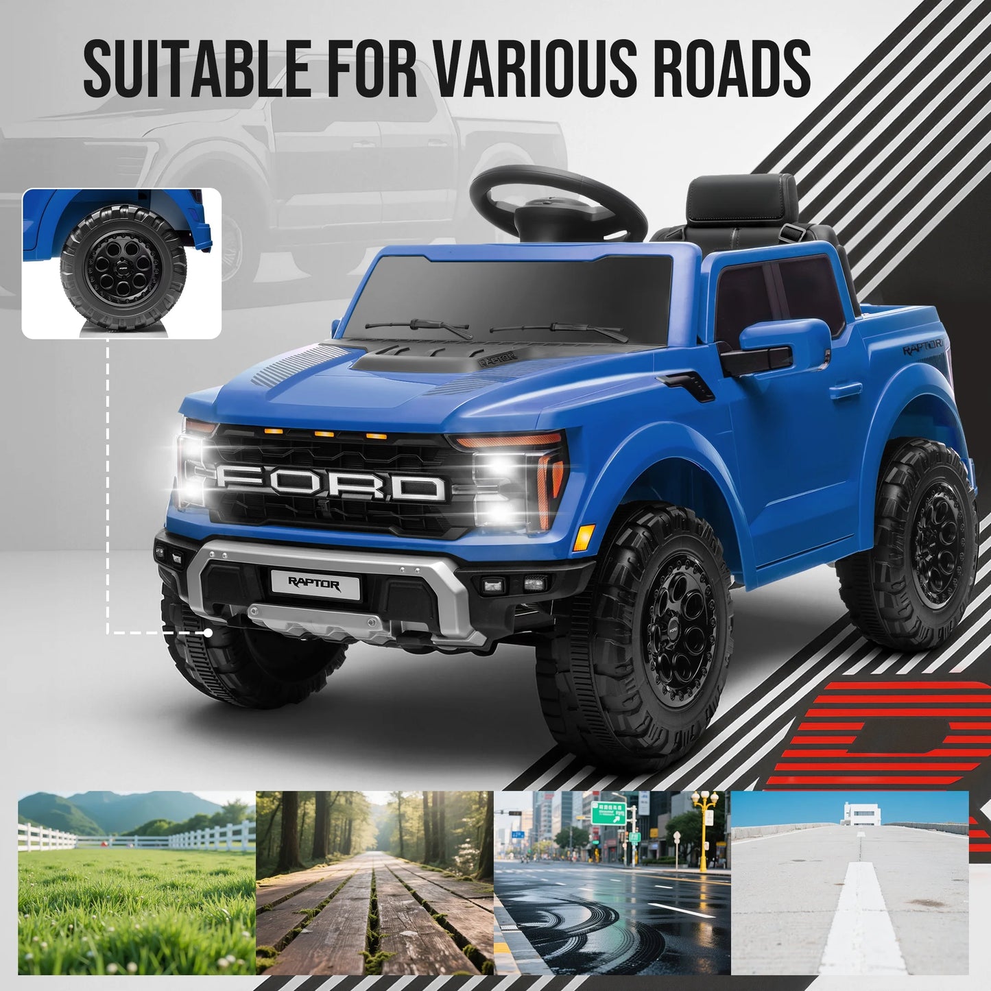 12V Ride on Cars with Remote Control, Licensed Ford F 150 Raptor Powered Ride on Toys with Bluetooth, Radio, LED Light, 4 Wheels Suspension, Kids Cars Electric Vehicles for Boys Girls Ages 3-6, Blue