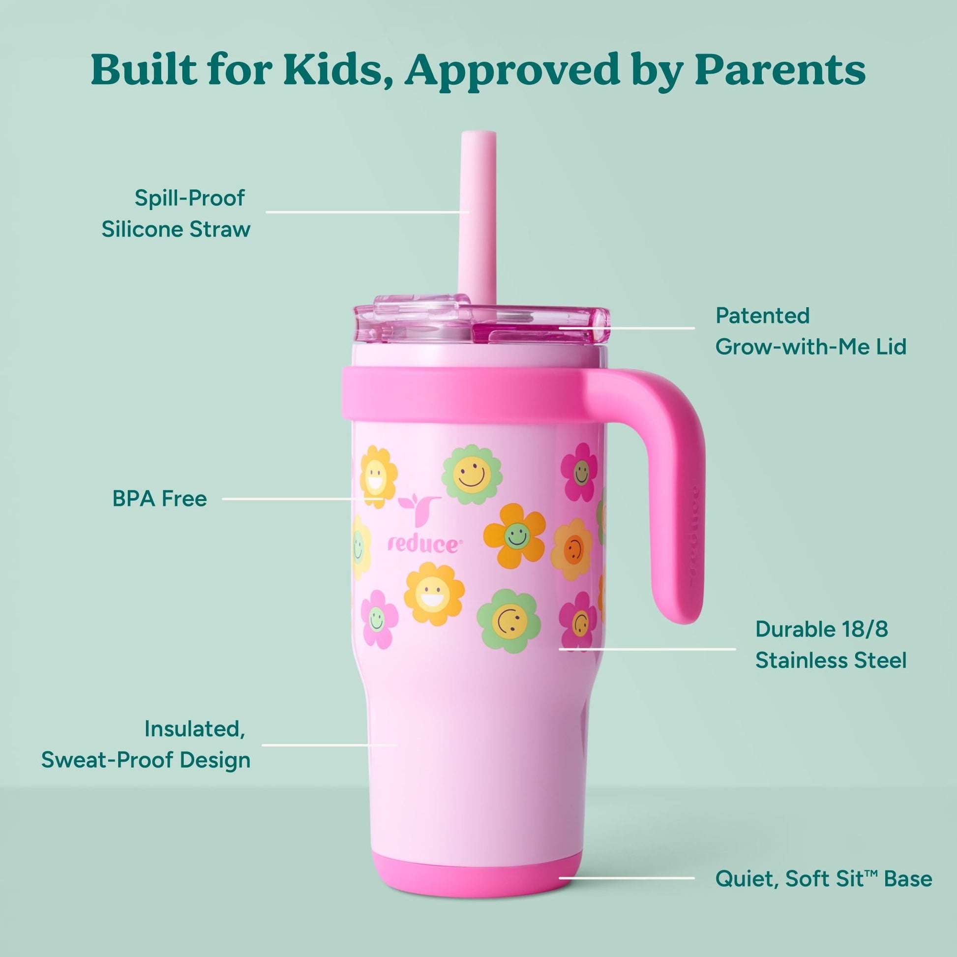Coldee Kids 18oz tumbler with handle and spill-proof straw, insulated cup for children’s drinks on light green background
