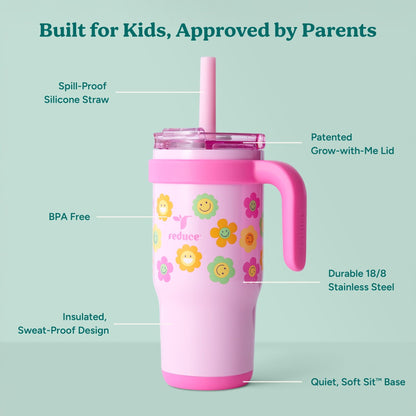 Coldee Kids 18oz tumbler with handle and spill-proof straw, insulated cup for children’s drinks on light green background
