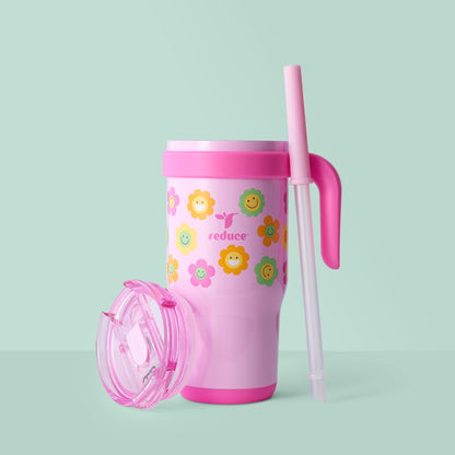 Coldee Kids 18oz tumbler with handle and spill-proof straw, insulated cup for children’s drinks on light green background
