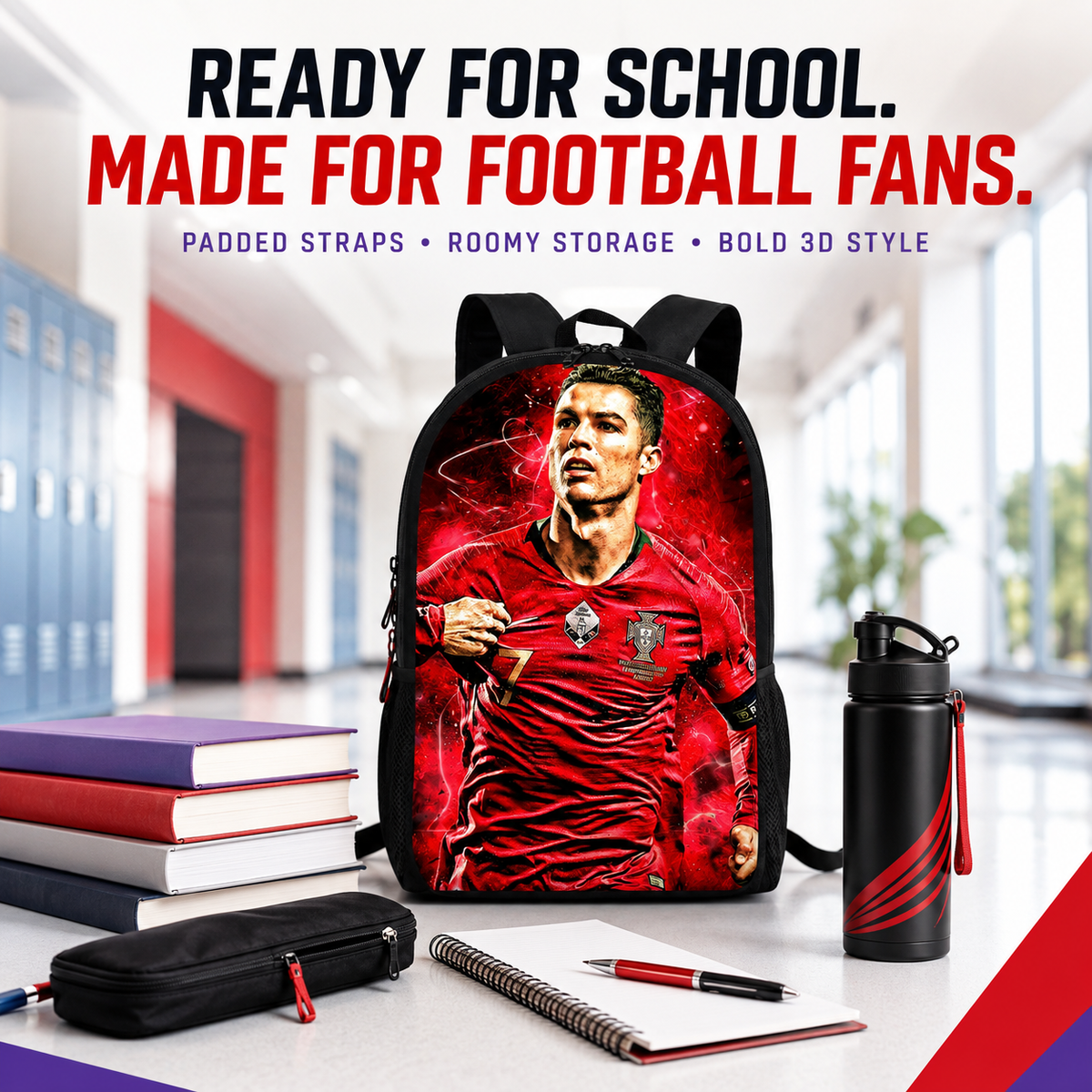 Cristiano Ronaldo kids school backpack with books and school essentials