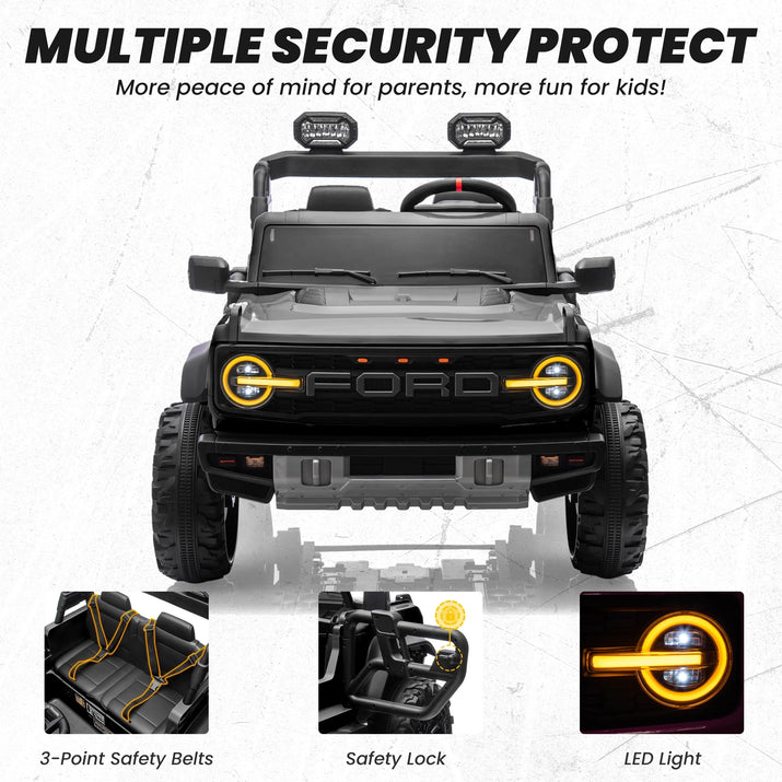 24V 2 Seater Ride on Cars, Licensed Ford Bronco Raptor Powered Ride on Toys Truck with Remote Control, 4 Wheels Spring Suspension, Bluetooth, LED Light, Electric Cars for Kids Ages 3-8 Gifts, Black