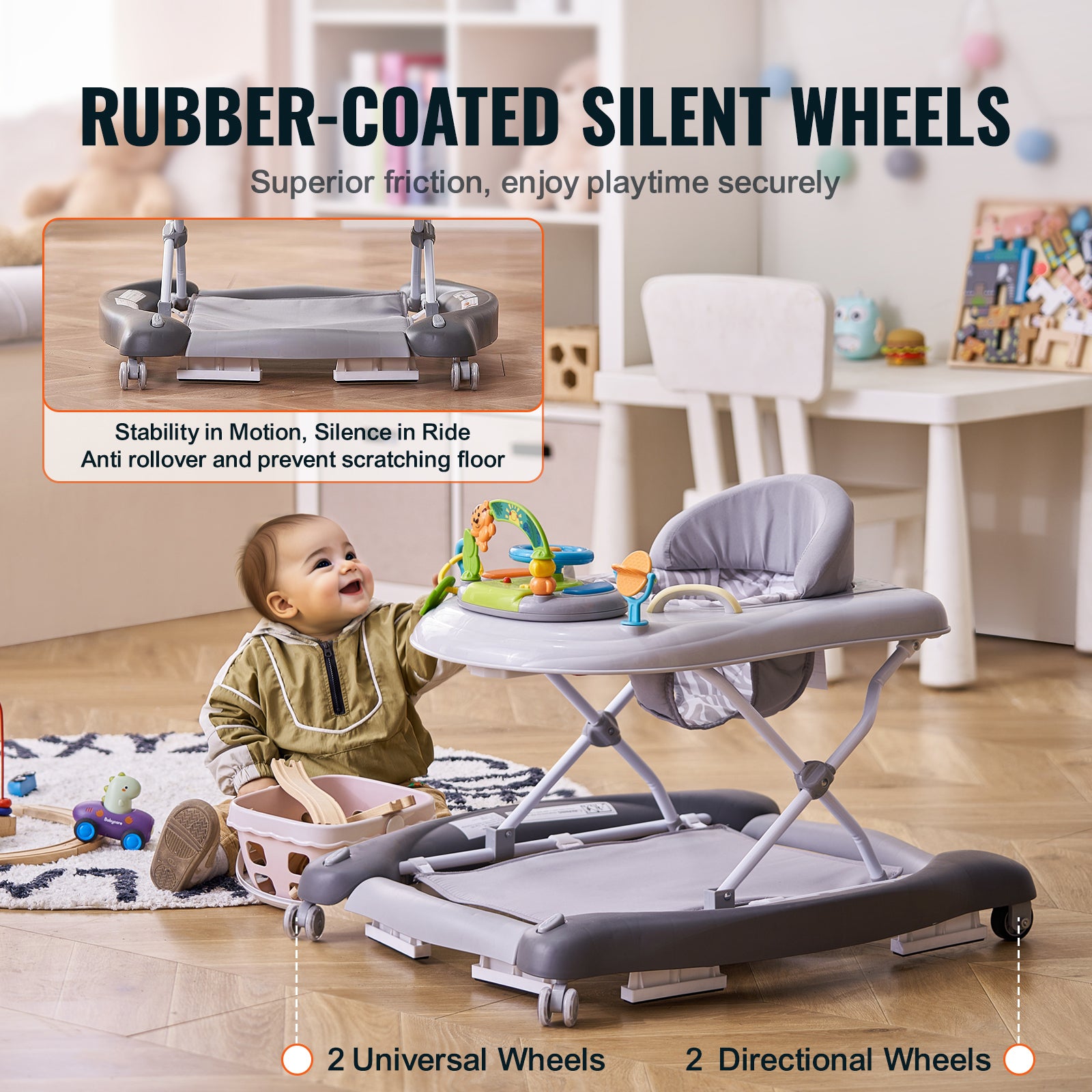4-in-1 Baby Walker, Foldable Baby Activity Center on Wheels, 3 Adjustable Height, Music & Toys Tray, Learning-Seated,Walk-Behind,Rocker,Bouncer Toddler Walker for Girls Boys 6-24 Months