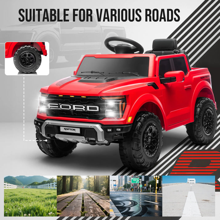 12V Ride on Cars with Remote Control, Licensed Ford F 150 Raptor Powered Ride on Toys with Bluetooth, Radio, LED Light, 4 Wheels Suspension, Kids Cars Electric Vehicles for Boys Girls Ages 3-6, Red