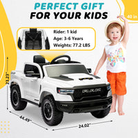 RAM 1500 Ride on Car Toy for Kids, 12V Powered Ride on Truck Toy with Remote Control, 4 Wheel Suspension, Safety Belt, Music, Bluetooth, LED Lights, Electric Cars for 3-5 Yrs Boy Girl, White
