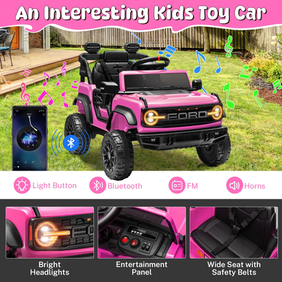 Ford Bronco Raptor Electric Ride on Toy Car for Toddler Kids, 12V Battery Powered Ride on Cars W/Remote Control, Bluetooth & Lights, Pink