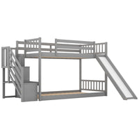 Twin over Twin Bunk Bed with Convertible Slide and Stairway, Gray - The Little Big Store