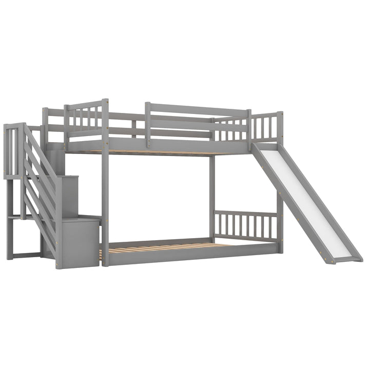 Twin over Twin Bunk Bed with Convertible Slide and Stairway, Gray - The Little Big Store