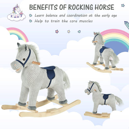 Qaba Kids Rocking Horse for Toddler 3-5, Plush Ride on Horse Wooden Rocker with Realistic Sounds, Gray - The Little Big Store