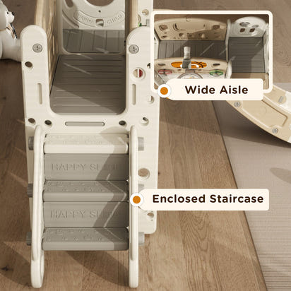 Qaba 9 in 1 Toddler Slide, Indoor Slide for Kids Ages 1-6, Car Themed Baby Slide with Basketball Hoop, Climber, Storage Space, Ring Toss, Telescope, Tunnel, Cream White - The Little Big Store