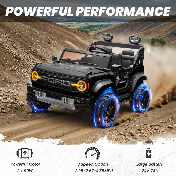 24V 2 Seater Ride on Cars, Licensed Ford Bronco Raptor Powered Ride on Toys Truck with Remote Control, 4 Wheels Spring Suspension, Bluetooth, LED Light, Electric Cars for Kids Ages 3-8 Gifts, Black