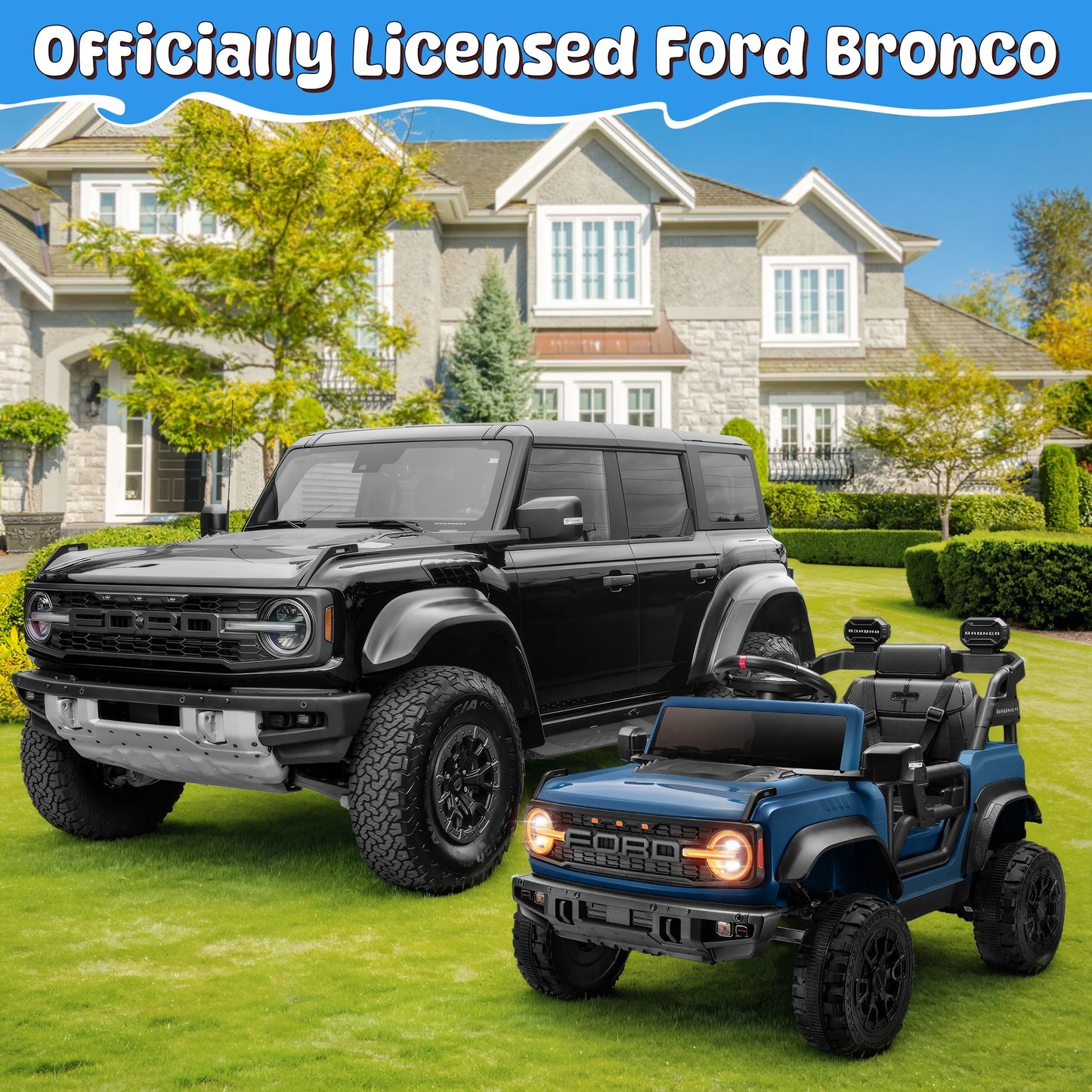 Ford Bronco Raptor Electric Ride on Toy Car for Toddler Kids, 12V Battery Powered Ride on Cars W/Remote Control, Bluetooth & Lights, Blue