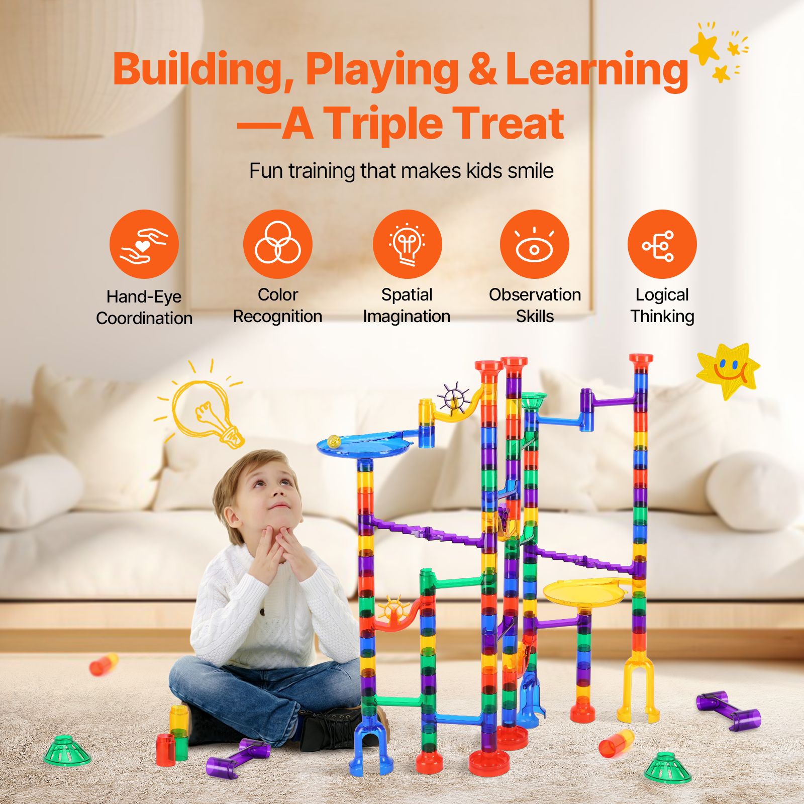 Motorized Marble Run Set – 144PCS STEM Educational Glow Racing Toy