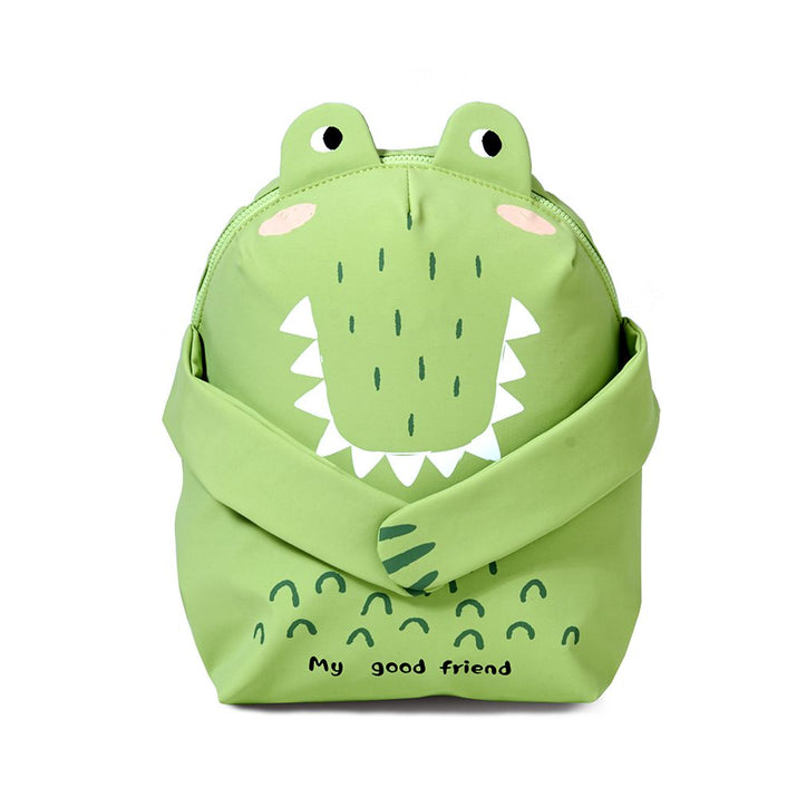 Green backpack with a crocodile design and 'My good friend' text on a white background