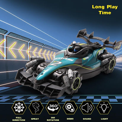 Toy race car with features highlighted on a blue track background