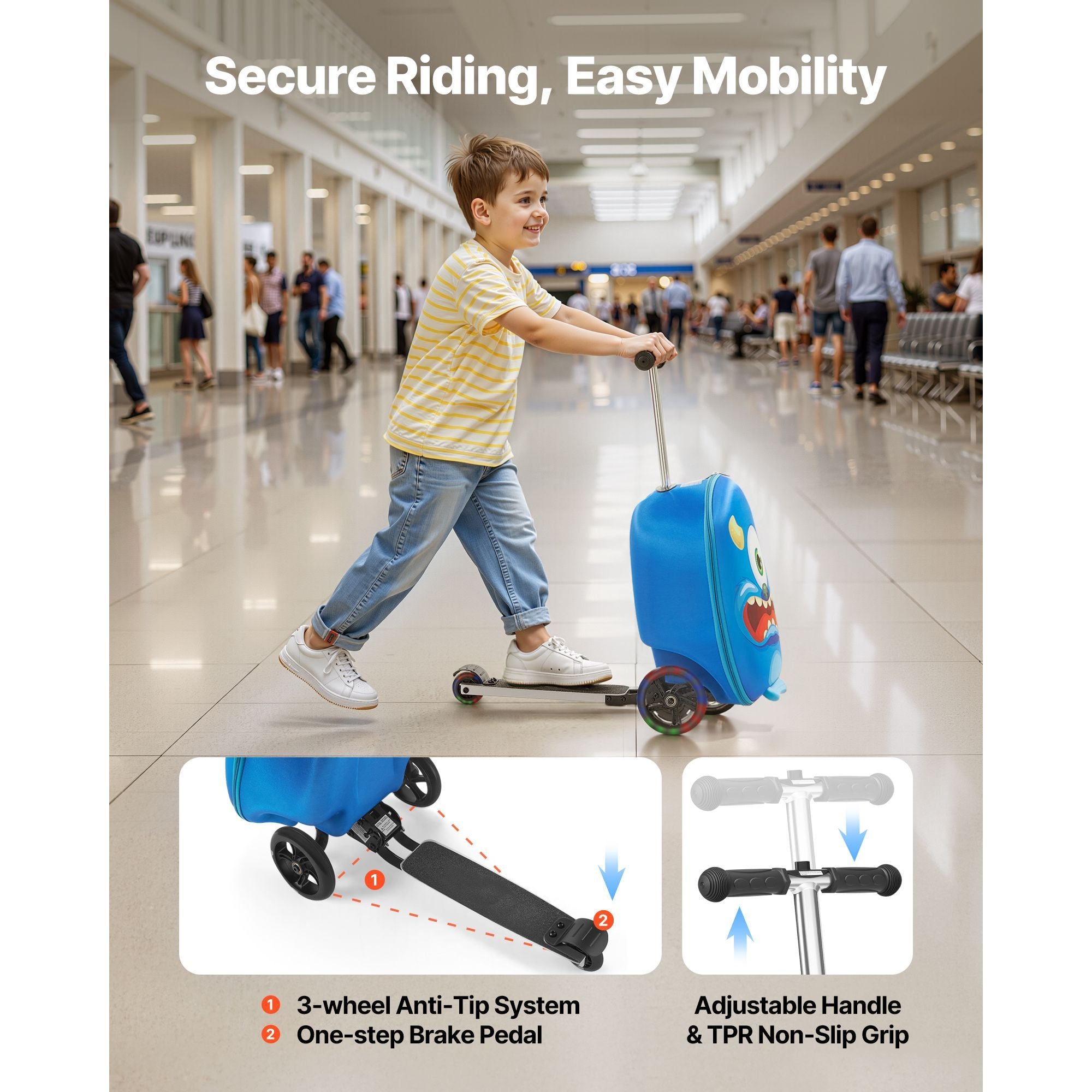 20 Inch Kids Scooter Suitcase with Non-Slip Grip - Lightweight Ride-On Luggage, 20L Capacity, Perfect for Travel with Flashy Wheels