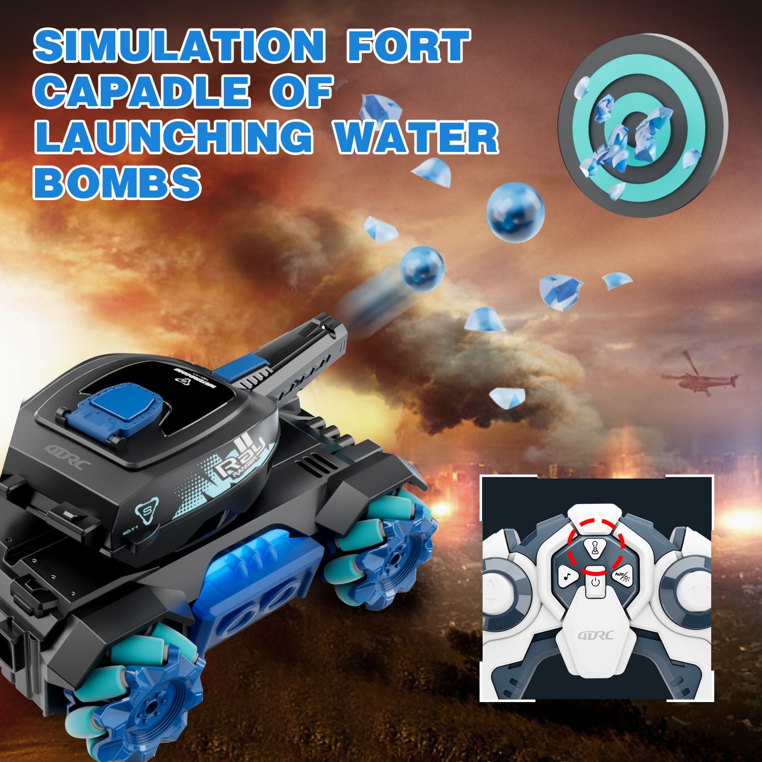 Toy tank with water bomb launch feature against a dramatic background