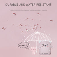 Cat-shaped pouch with an umbrella on a pink background with water droplets, text about durability and water resistance.
