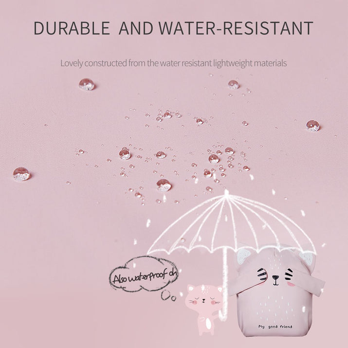 Cat-shaped pouch with an umbrella on a pink background with water droplets, text about durability and water resistance.