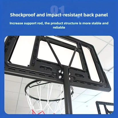 Basketball hoop with shockproof and impact-resistant back panel on a blue background