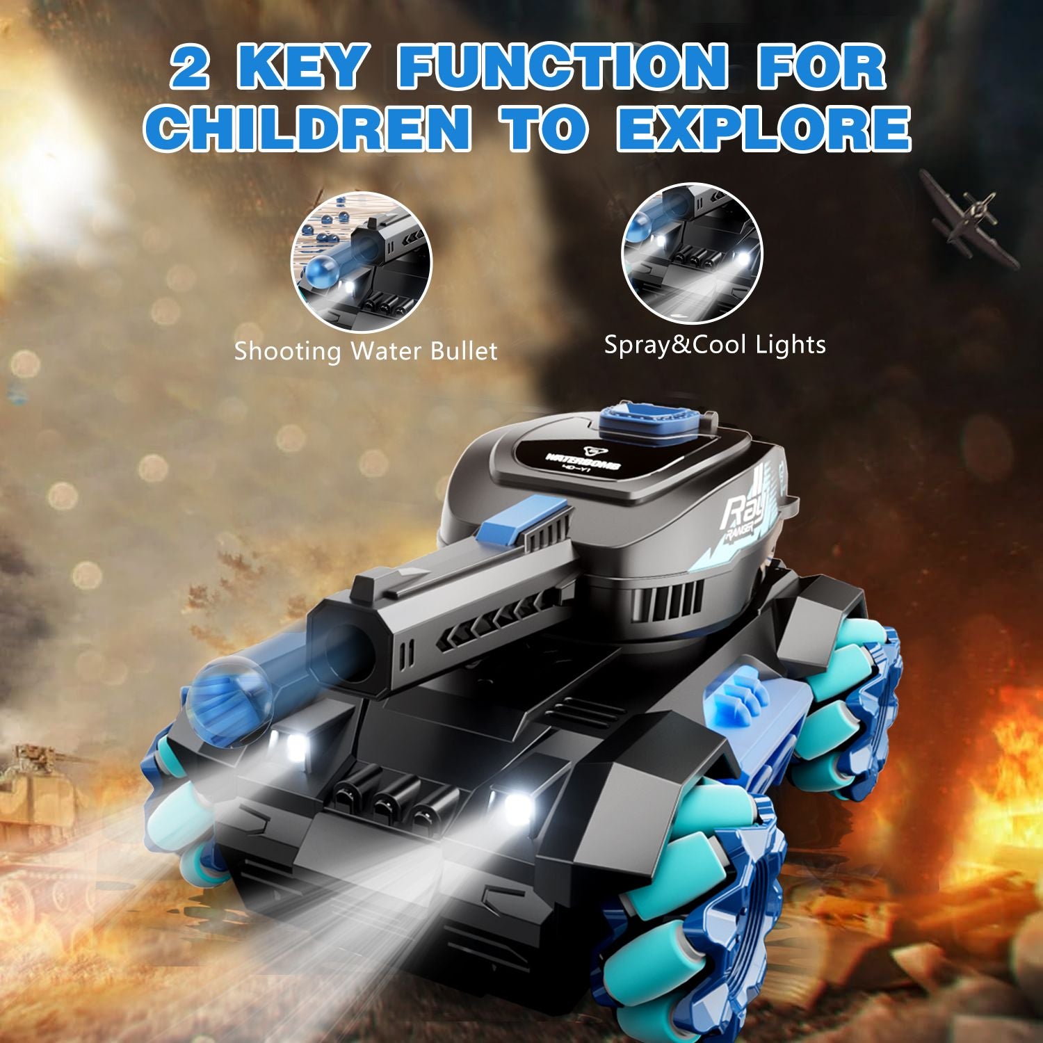 Toy water gun with lights and water bullet functions on a fiery background