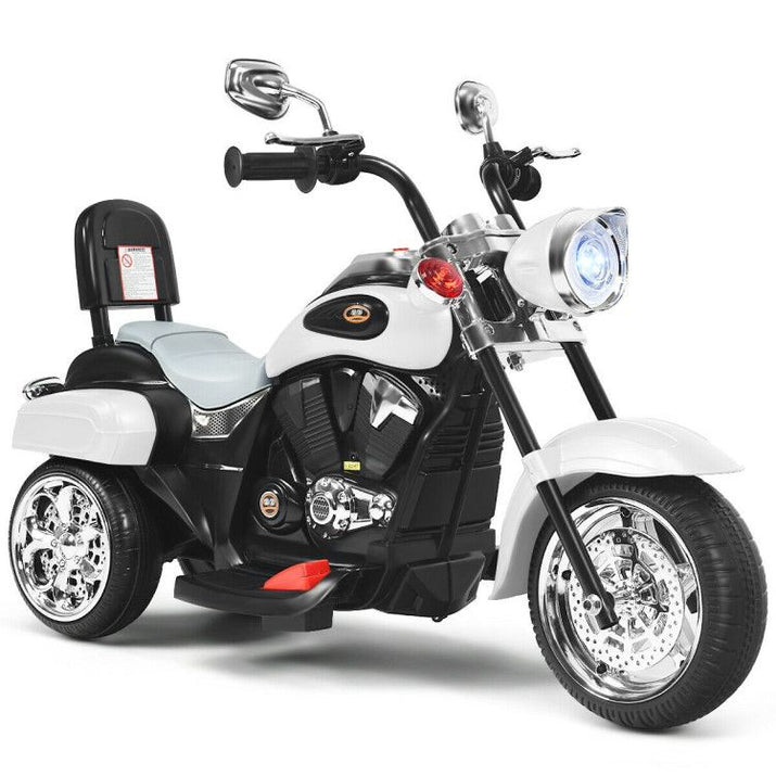 Children's toy motorcycle with black and white design on a white background