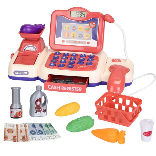 Toy cash register set with various accessories on a white background
