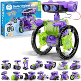 Purple and green 15-in-1 solar robot kit with packaging marked 212 pieces and ages 8+