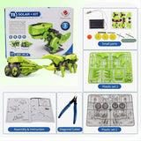 Solar robot kit contents including parts frames, gears, motor, solar panel, instructions and cutter