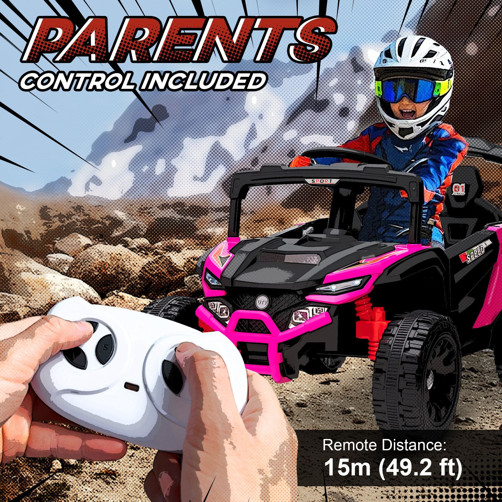 12V Kids Electric Ride-On UTV Truck with Parent Remote Control, LED Lights & Music – Pink