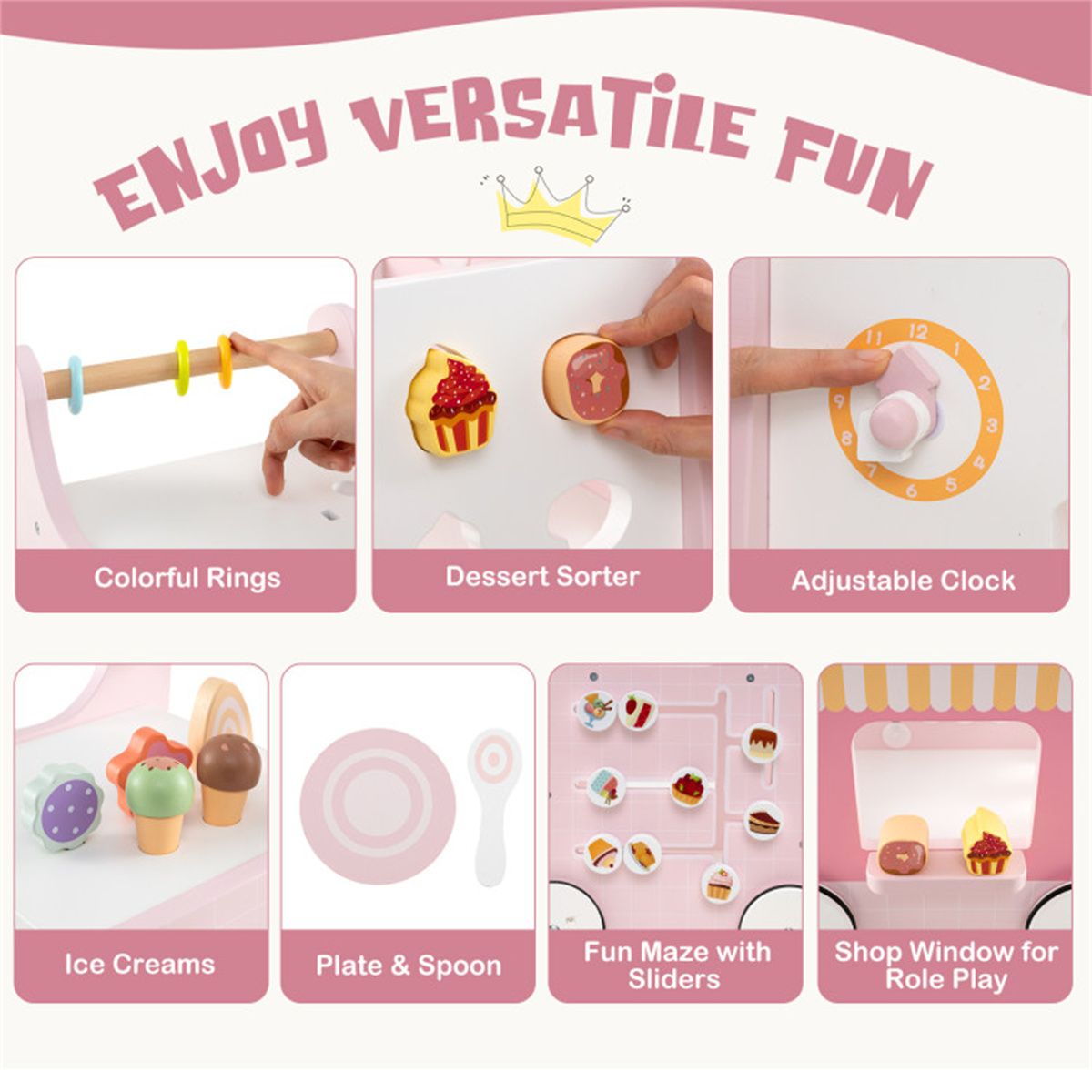 2-in-1 Baby Walker with 8 Fun Activities (Dessert Sorter/Adjustable Clock/Maze) + Side Shop Window (Role Play)-Pink