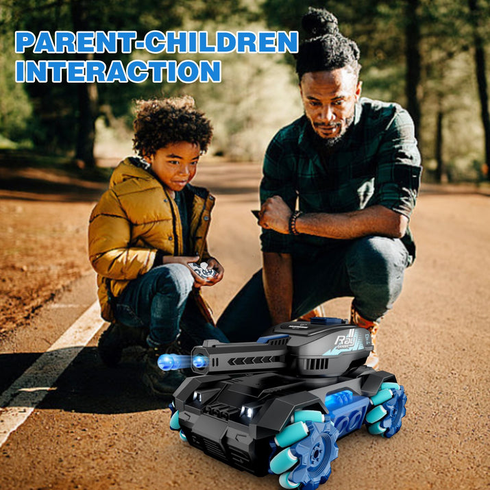 Father and son playing with a robot toy on a path in a park