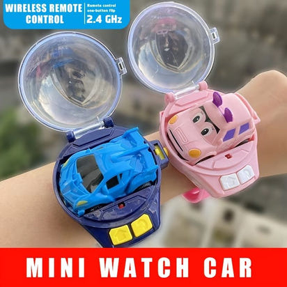 Mini watch car with wireless remote control on a wrist, featuring blue and pink colors.