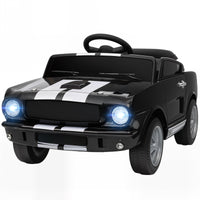 Black toy car with white stripes on a white background