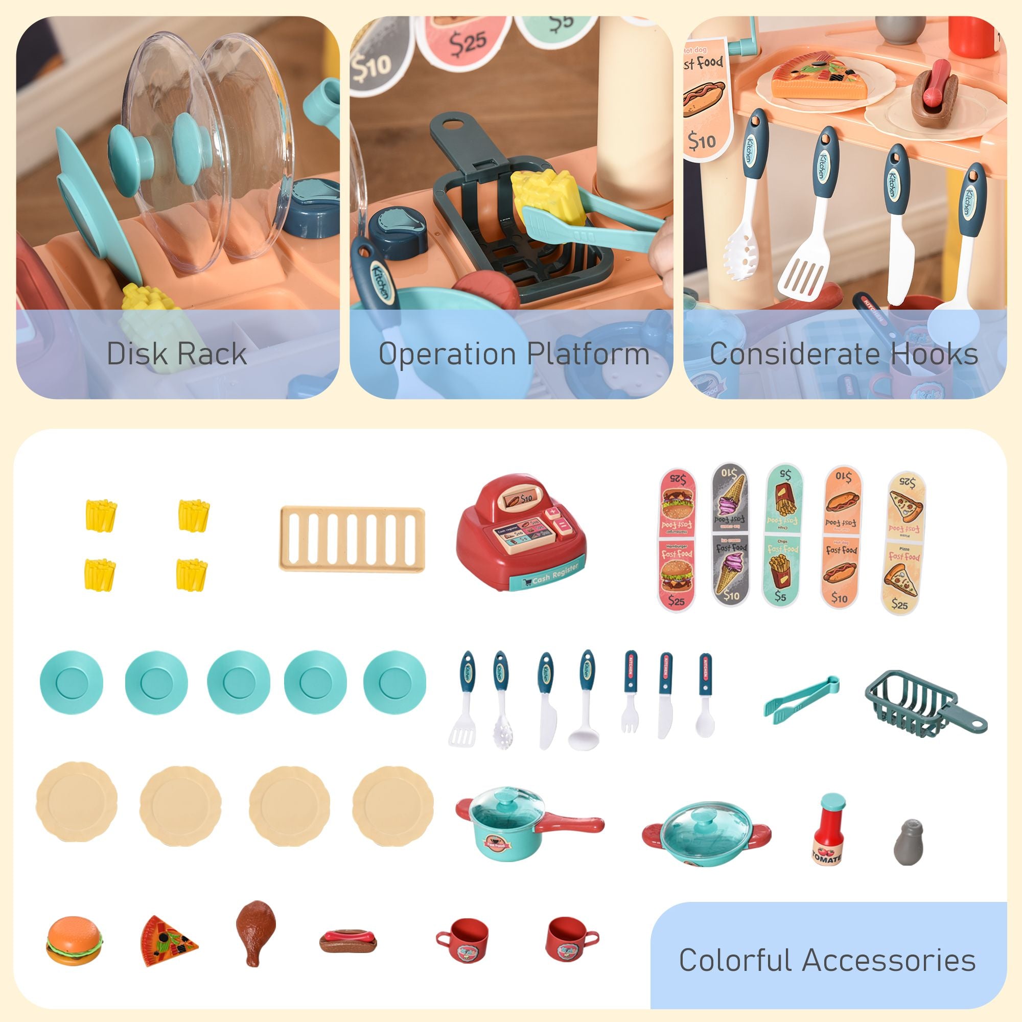 Engaging  Play Kitchen Food Stand with Realistic Cash Register & Accessories for Ages 3-6