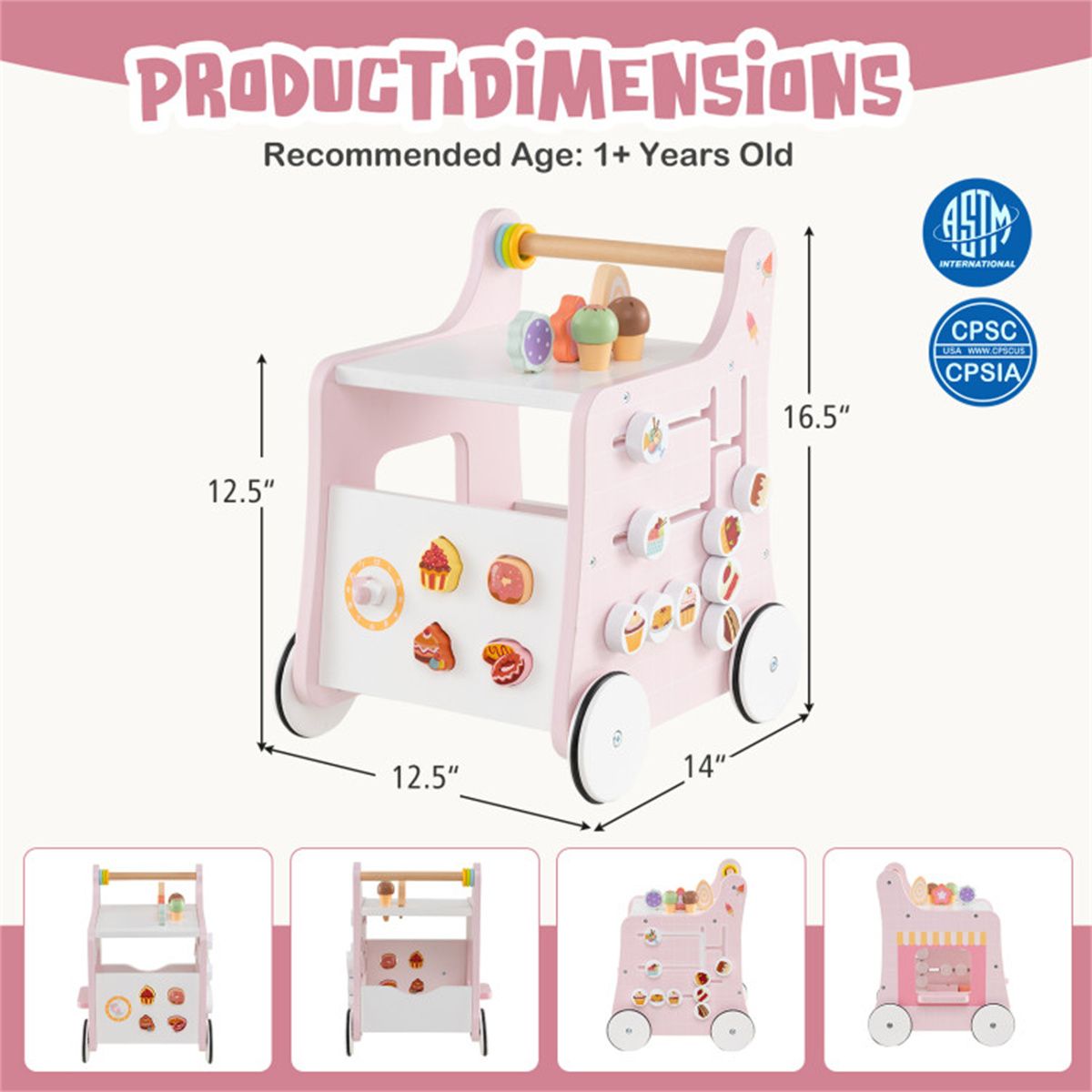 2-in-1 Baby Walker with 8 Fun Activities (Dessert Sorter/Adjustable Clock/Maze) + Side Shop Window (Role Play)-Pink