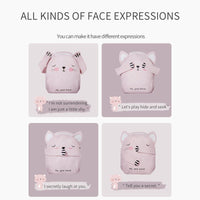 Pink animal-shaped air pod cases with various expressions and quotes on a light purple background.