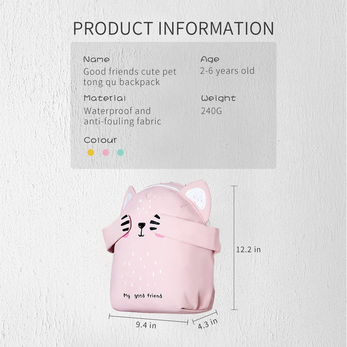 Pink pet backpack with cat design and product information on a light gray background