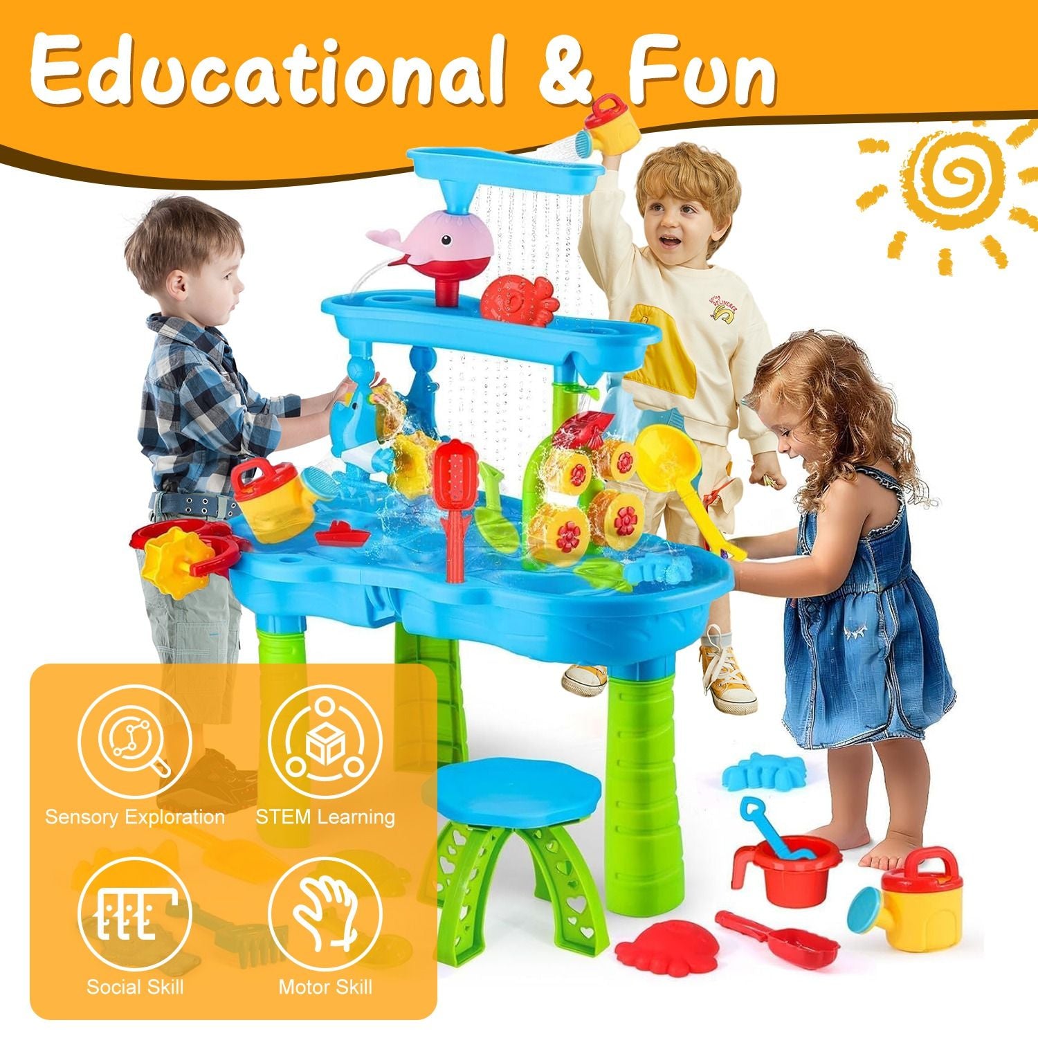 3-Tier Kids Sand & Water Activity Table with Rain Shower, Chair & Accessories