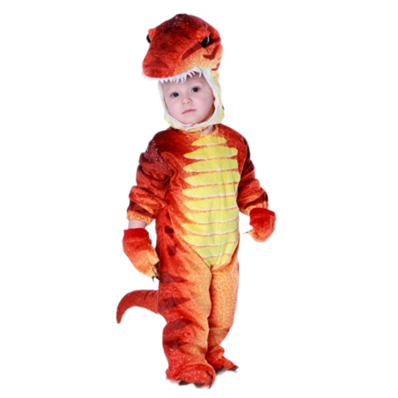 Child wearing a dinosaur costume on a white background